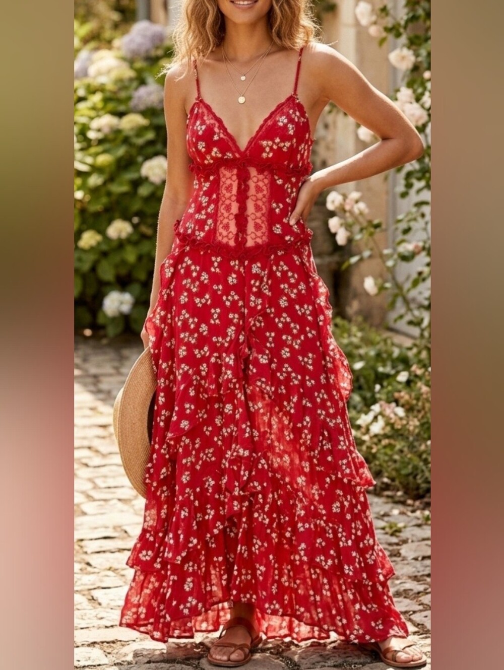 Red Floral Ruffle Spaghetti-Strap Maxi Dress